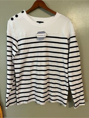 Striped Boatneck Long Sleeve Tee Marines Coastal 100% Cotton M NWT